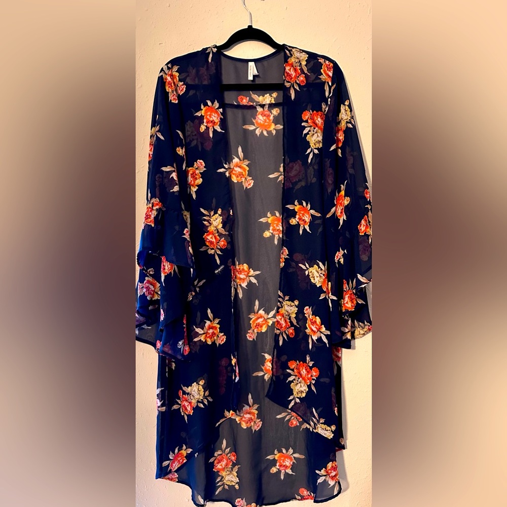 Live 4 Truth Dark Blue Floral Open Front Sheer Kimono - 1X
